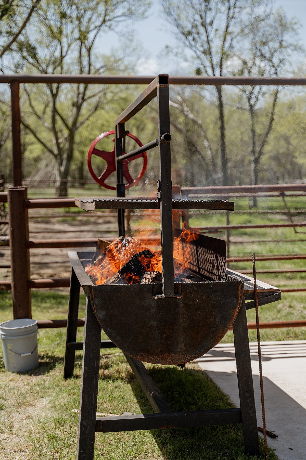 Rustic ranch-style grill with fire burning and pastoral views