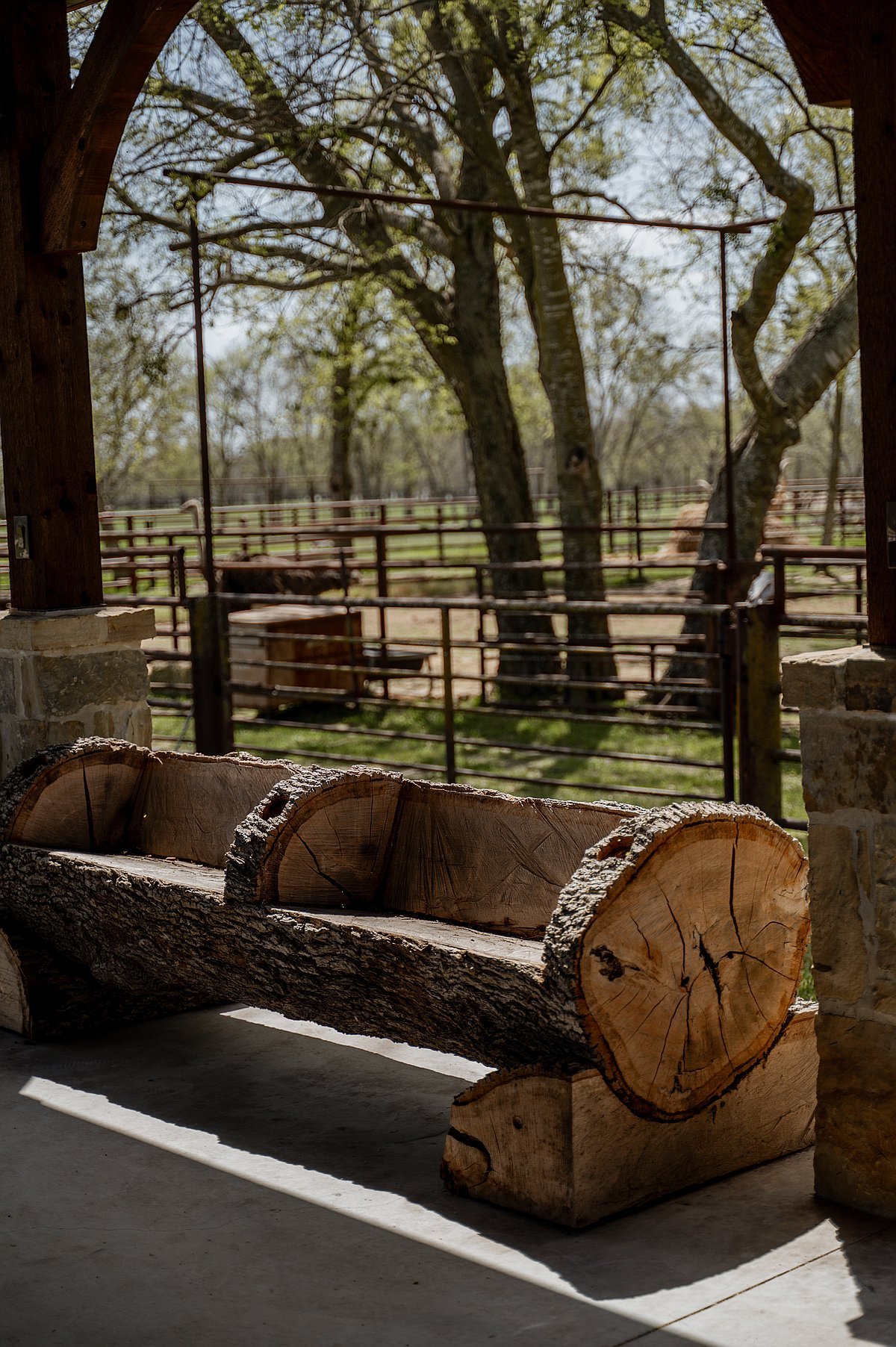 Handcrafted live oak log bench under covered pavilion with pastoral views