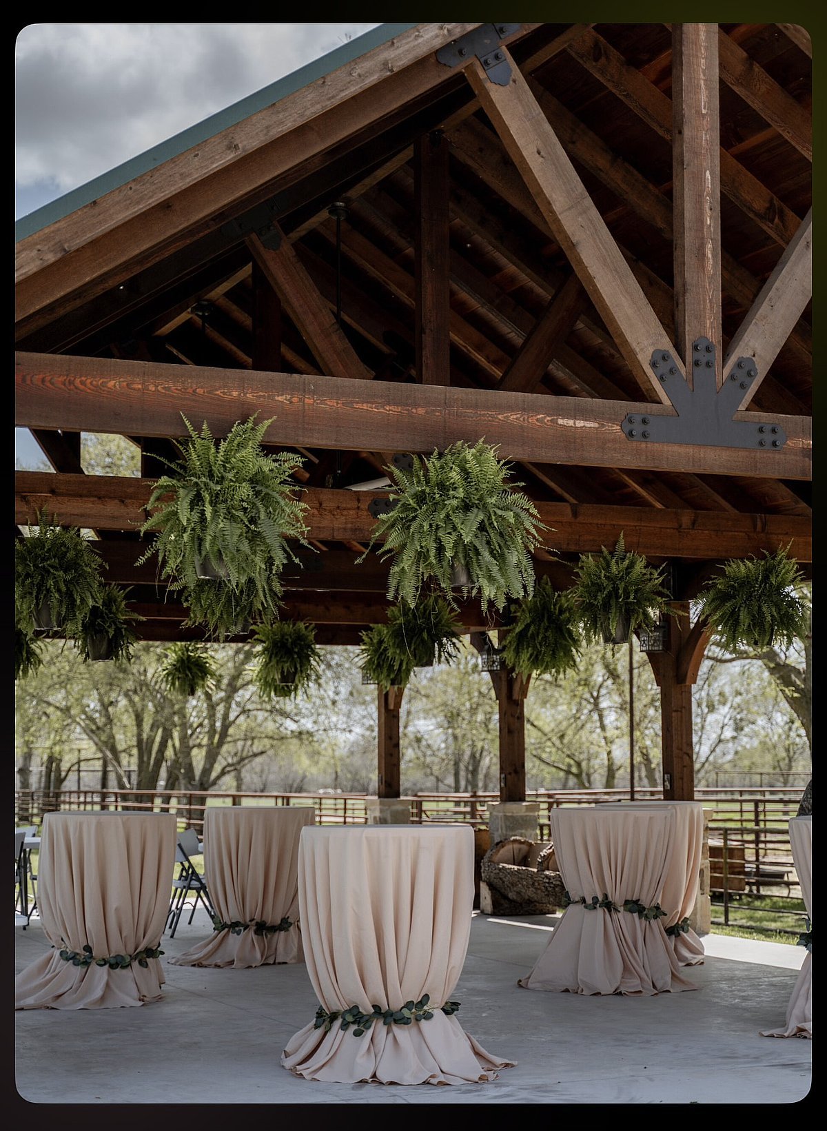 Covered timber pavilion with hanging ferns and draped cocktail tables